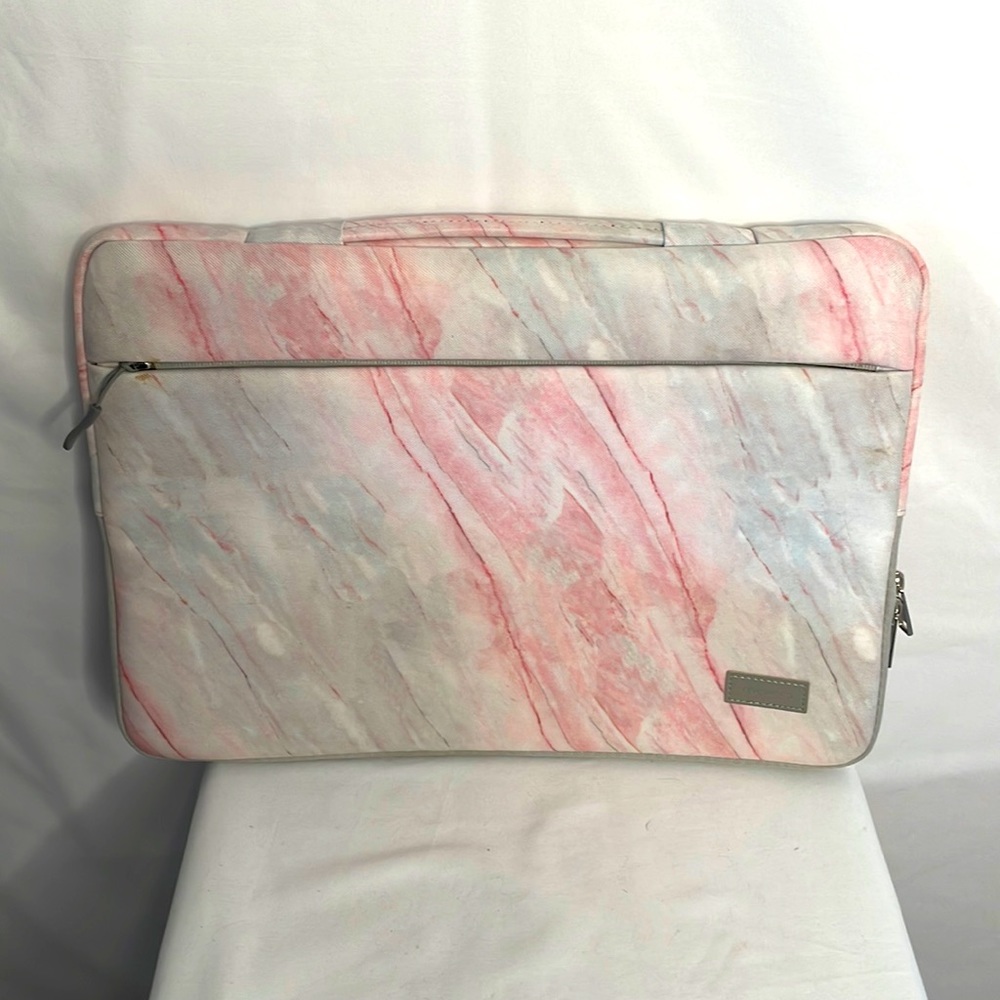 Laptop case pink and gray marble design side zipper pocket and‎ handle